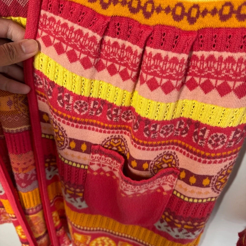 KOOI Knit Vibrant Red Orange Patterned Cardigan Nordic Fair Isle Zip Cotton - Picture 9 of 16